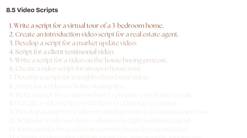 K&ouml;nnte beinhalten: Eine Liste mit Video-Skript-Ideen f&uuml;r Immobilienmakler. Die Liste umfasst Themen wie virtuelle Touren, Kundenreferenzen, Markt-Updates und Tipps zur Wohnungsinszenierung.