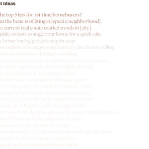 K&ouml;nnte beinhalten: Eine Liste mit Blog-Post-Ideen f&uuml;r Immobilienmakler, darunter Tipps f&uuml;r Erstk&auml;ufer, die Vorteile von Nachbarschaften, Markttrends, Home Staging und den Hauskaufprozess.