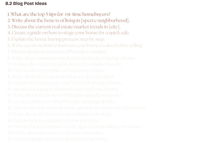 K&ouml;nnte beinhalten: Eine Liste mit Blog-Post-Ideen f&uuml;r Immobilienmakler, darunter Tipps f&uuml;r Erstk&auml;ufer, die Vorteile von Nachbarschaften, Markttrends, Home Staging und den Hauskaufprozess.