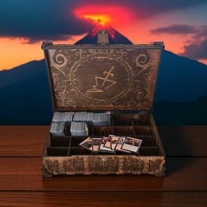 Caja de madera grabada para guardar cartas, organizador de mazos de Magic: The Gathering, MTG, inspirado en fantasía, soporte para TCG, accesorio para DnD y juegos de mesa.