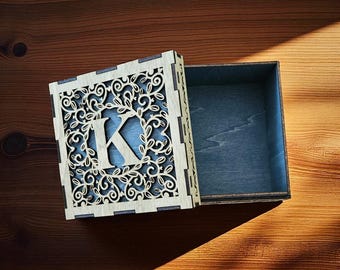 Personalized Wooden Monogram Keepsake Box: Laser Cut Birch Wood