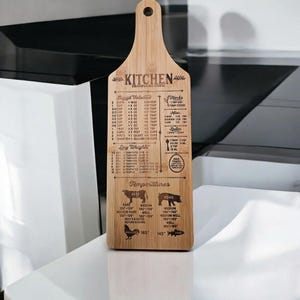 May include: A bamboo kitchen conversion chart with a handle. The chart includes liquid volumes, dry weights, herb measurements, and cooking temperatures for beef, pork, poultry, and fish. The text is in black.