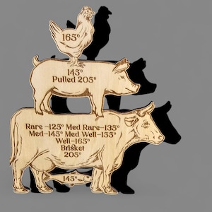 May include: Wooden cutting board with engraved illustrations of a chicken, pig, cow, and fish, each with internal cooking temperatures in Fahrenheit. The chicken is labeled 165°, the pig 145° Pulled 205°, the cow has multiple temperatures, and the fish is 145°.