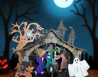 Handmade Layered Wooden Witch Hut: Spooky Halloween Centerpiece