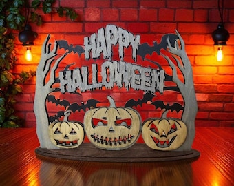 Layered Wood Halloween Sign: Pumpkins, Bats, & Happy Halloween