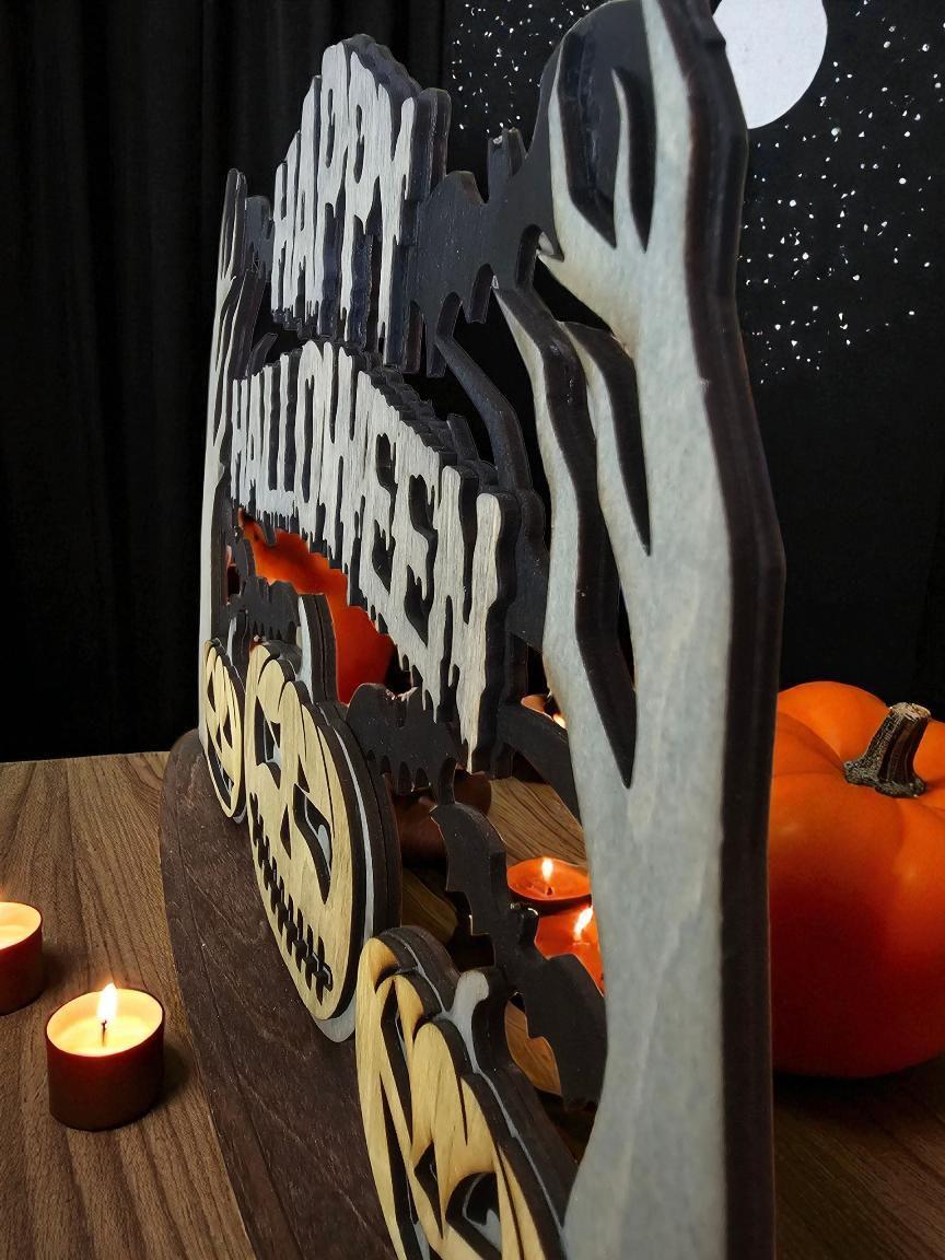 Niedliche Halloween-Tischschilder Aus Holz – 4er-Set, Mit Fledermaus, Hexe, Schloss & Kürbis