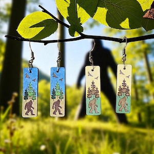 Bigfoot Earrings for the Cryptid fans|Laser Engraved Forest Scene|Festival Jewelry|Hand painted Sasquatch Earrings|Mythical Gift|Yeti gift