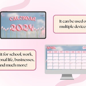 Op de afbeelding: Een digitale desktopkalender met een roze en blauwe kleurstelling. De kalender heeft een 3D-ontwerp met het woord "CALENDAR" en het jaar "2024" in roze. De achtergrond is een blauwe lucht met witte wolken. De kalender wordt weergegeven op een computerscherm.