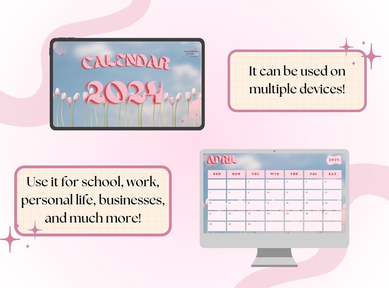Op de afbeelding: Een digitale desktopkalender met een roze en blauwe kleurstelling. De kalender heeft een 3D-ontwerp met het woord "CALENDAR" en het jaar "2024" in roze. De achtergrond is een blauwe lucht met witte wolken. De kalender wordt weergegeven op een computerscherm.