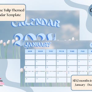 Canvasjabloon kalender blauwe tulp thema 2024, toegang voor meerdere apparaten, alle 12 maanden van het jaar (januari-december) en afdrukbaar!