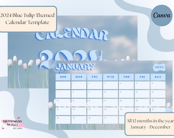Canvasjabloon kalender blauwe tulp thema 2024, toegang voor meerdere apparaten, alle 12 maanden van het jaar (januari-december) en afdrukbaar!