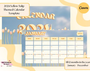 Canvasjabloon kalender gele tulp 2024, toegang via meerdere apparaten, 12 maanden van het jaar (januari-december) en afdrukbaar!