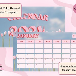 Op de afbeelding: Een printbare 2024-kalender sjabloon met een roze tulpen thema. De kalender is ontworpen met een lichtblauwe achtergrond en roze tulpen. De tekst "2024 Pink Tulip Themed Calendar Template" staat bovenaan de afbeelding. De kalender is voor januari en bevat de dagen van de week: Zo, Ma, Di, Wo, Do, Vr, Za. De tekst "All 12 months in the year! January - December" staat onderaan de afbeelding.