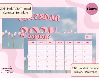 Plantilla Canva de calendario temático Pink Tulip 2024, acceso multidispositivo, los 12 meses del año (enero-diciembre) ¡e imprimible!