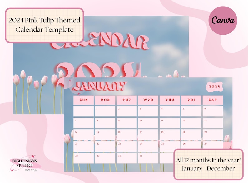 Op de afbeelding: Een printbare 2024-kalender sjabloon met een roze tulpen thema. De kalender is ontworpen met een lichtblauwe achtergrond en roze tulpen. De tekst "2024 Pink Tulip Themed Calendar Template" staat bovenaan de afbeelding. De kalender is voor januari en bevat de dagen van de week: Zo, Ma, Di, Wo, Do, Vr, Za. De tekst "All 12 months in the year! January - December" staat onderaan de afbeelding.