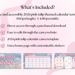 Op de afbeelding: Een digitale kalender sjabloon met een roze tulpen thema. De sjabloon bevat een kalenderpagina voor januari 2024 en een bonuspagina met aanpasbare stickers. De kalender is 1920 pixels hoog en 1080 pixels breed.