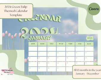 Canvasjabloon groene tulp themakalender 2024, toegang voor meerdere apparaten, alle 12 maanden van het jaar (januari-december) en afdrukbaar!