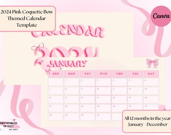 Canva-kalendersjabloon met roze coquette-strikthema 2024, toegang voor meerdere apparaten, alle 12 maanden van het jaar (januari-december), afdrukbaar!