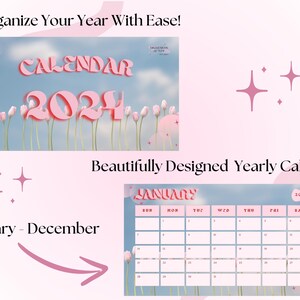 Op de afbeelding: Een roze en blauwe kalender met de tekst "CALENDAR 2024" en een bloemmotief. De kalender is voor het jaar 2024 en bevat een maandelijkse kalender voor januari.