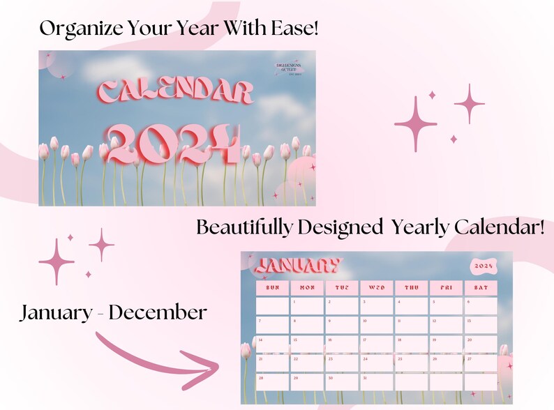 Op de afbeelding: Een roze en blauwe kalender met de tekst "CALENDAR 2024" en een bloemmotief. De kalender is voor het jaar 2024 en bevat een maandelijkse kalender voor januari.