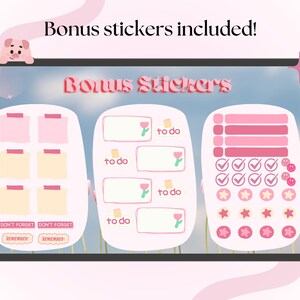 Op de afbeelding: Een set roze en gele printbare planner stickers met een bloemenmotief. De stickers bevatten to-do-lijsten, vinkjes, sterren en herinneringsnotities. De tekst "Bonus Stickers" staat bovenaan de afbeelding.