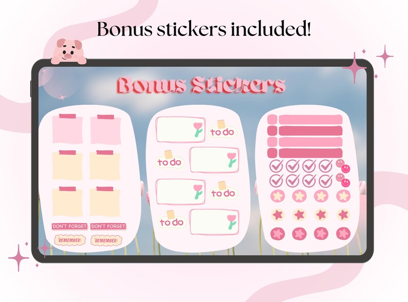 Op de afbeelding: Een set roze en gele printbare planner stickers met een bloemenmotief. De stickers bevatten to-do-lijsten, vinkjes, sterren en herinneringsnotities. De tekst "Bonus Stickers" staat bovenaan de afbeelding.