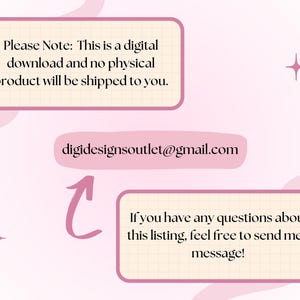 Op de afbeelding: Een roze en witte afbeelding met tekst die luidt "Let op: Dit is een digitaal bestand en er wordt geen fysiek product verzonden." en "digidesignsoutlet@gmail.com". De tekst luidt ook "Als je vragen hebt over deze vermelding, neem dan gerust contact met me op!"