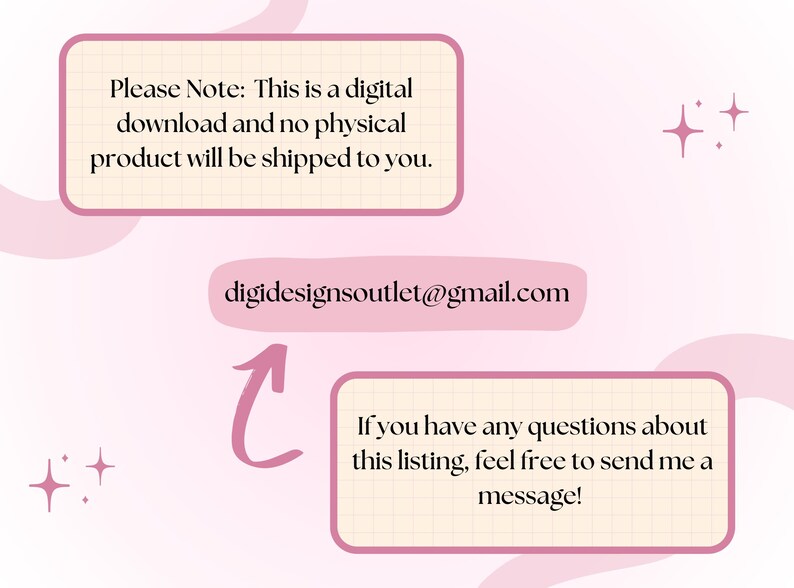 Op de afbeelding: Een roze en witte afbeelding met tekst die luidt "Let op: Dit is een digitaal bestand en er wordt geen fysiek product verzonden." en "digidesignsoutlet@gmail.com". De tekst luidt ook "Als je vragen hebt over deze vermelding, neem dan gerust contact met me op!"