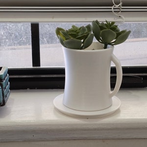 May include: A white ceramic planter with a wide base and a handle, holding two green succulent plants. The planter is sitting on a white windowsill.