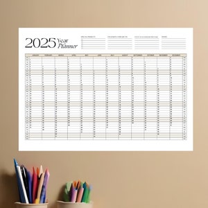 Planificador anual A4 2025, imprimible, resumen de una página, resumen del año, calendario de pared, calendario anual, póster de calendario, planificador de 365 días