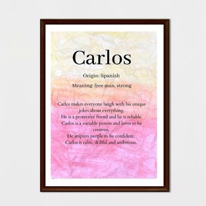 Significado do nome Carlos, pôster com definição de nome personalizado, arte de parede com nome, impressão de nome, decoração de quarto, decoração de quarto de menino, aniversário, presente