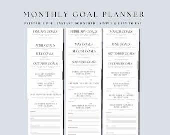 May include: Printable monthly goal planner PDF with sections for goals and reflections for each month of the year.  The planner is black and white with a simple design.