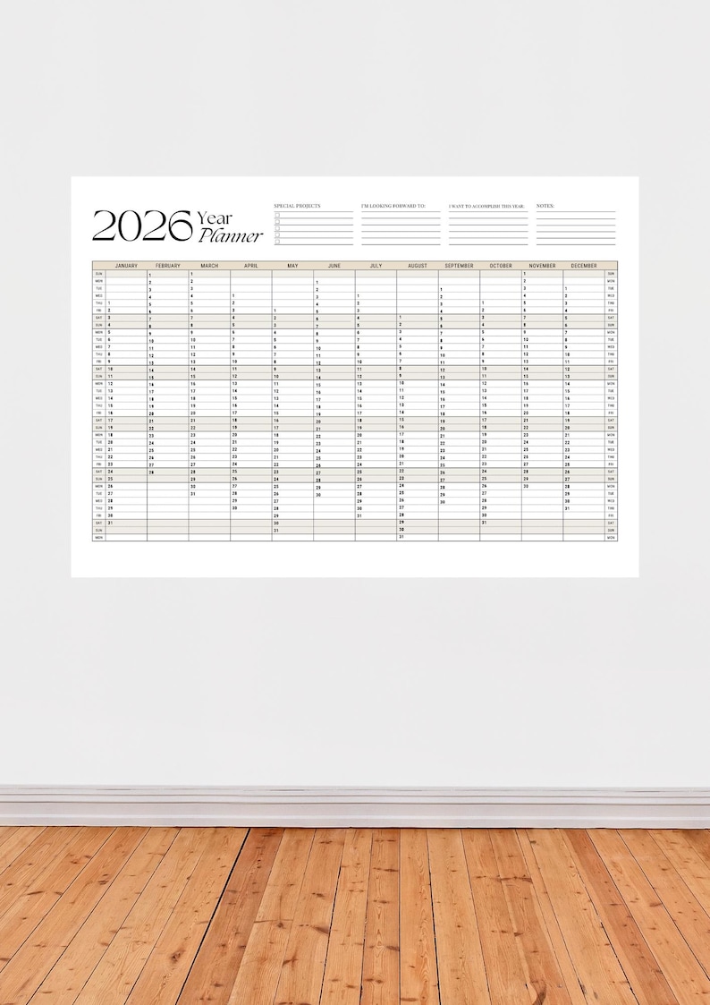 A4 2026 yearly planner, printable, one-page overview, year at a glance, wall calendar, annual calendar, calendar poster, 365 day planner image 2