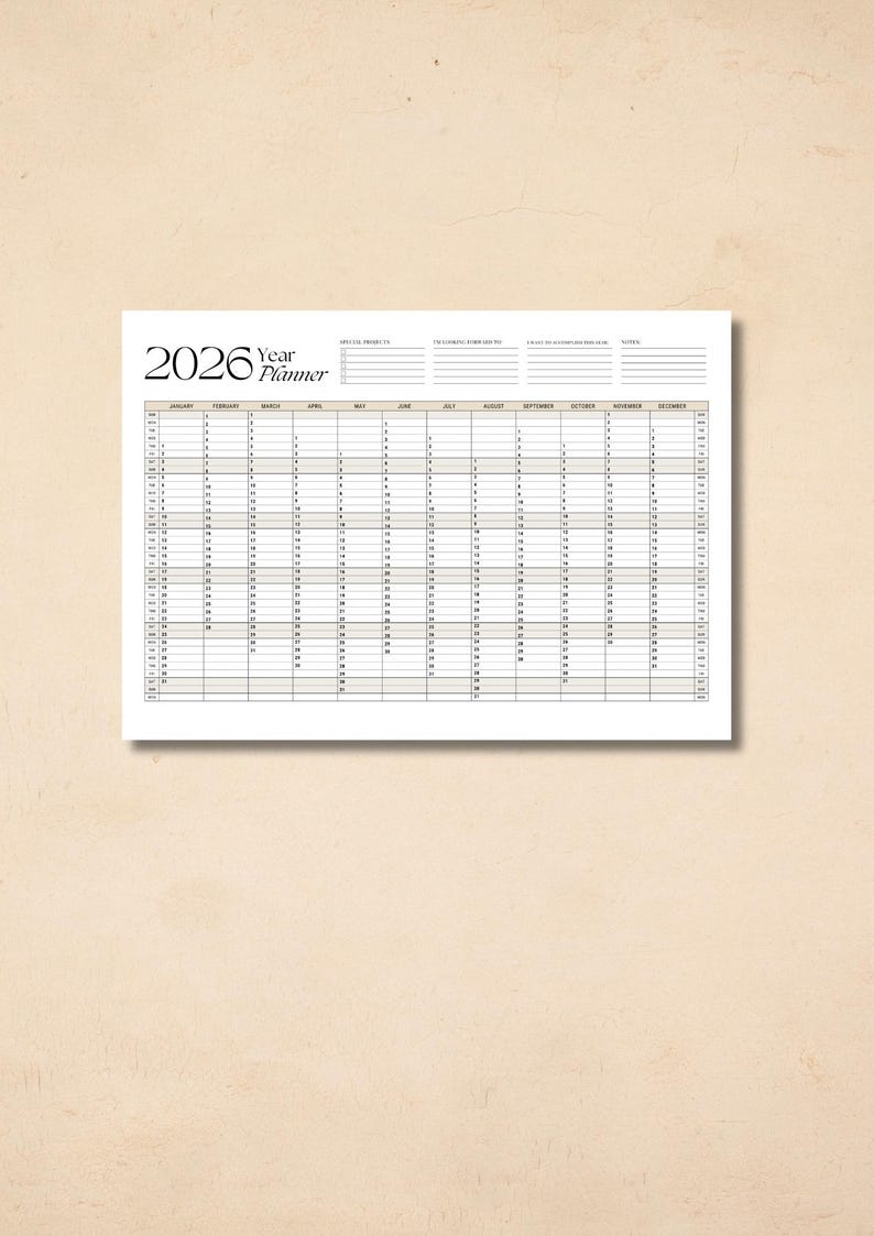 A4 2026 yearly planner, printable, one-page overview, year at a glance, wall calendar, annual calendar, calendar poster, 365 day planner image 5