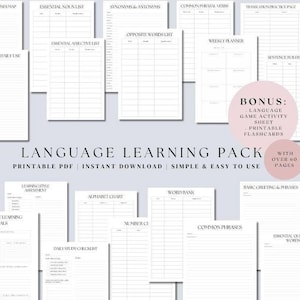 Puede incluir: Un paquete de aprendizaje de idiomas imprimible con más de 60 páginas. El paquete incluye hojas de trabajo para aprender vocabulario, gramática y frases. También incluye una hoja de actividad de juego de idiomas y tarjetas de memoria imprimibles.