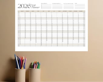 A4 2026 yearly planner, printable, one-page overview, year at a glance, wall calendar, annual calendar, calendar poster, 365 day planner