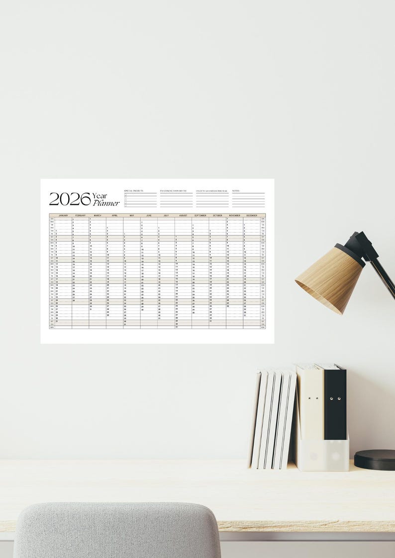 A4 2026 yearly planner, printable, one-page overview, year at a glance, wall calendar, annual calendar, calendar poster, 365 day planner image 3