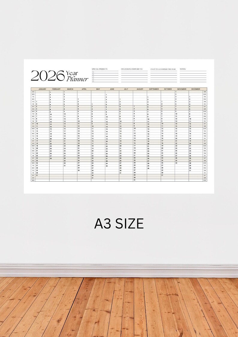 A3 2026 Yearly Planner, Printable, One-page Overview, Year at a Glance