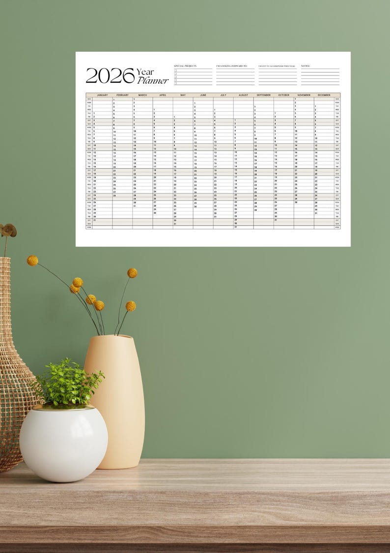 A4 2026 yearly planner, printable, one-page overview, year at a glance, wall calendar, annual calendar, calendar poster, 365 day planner image 4