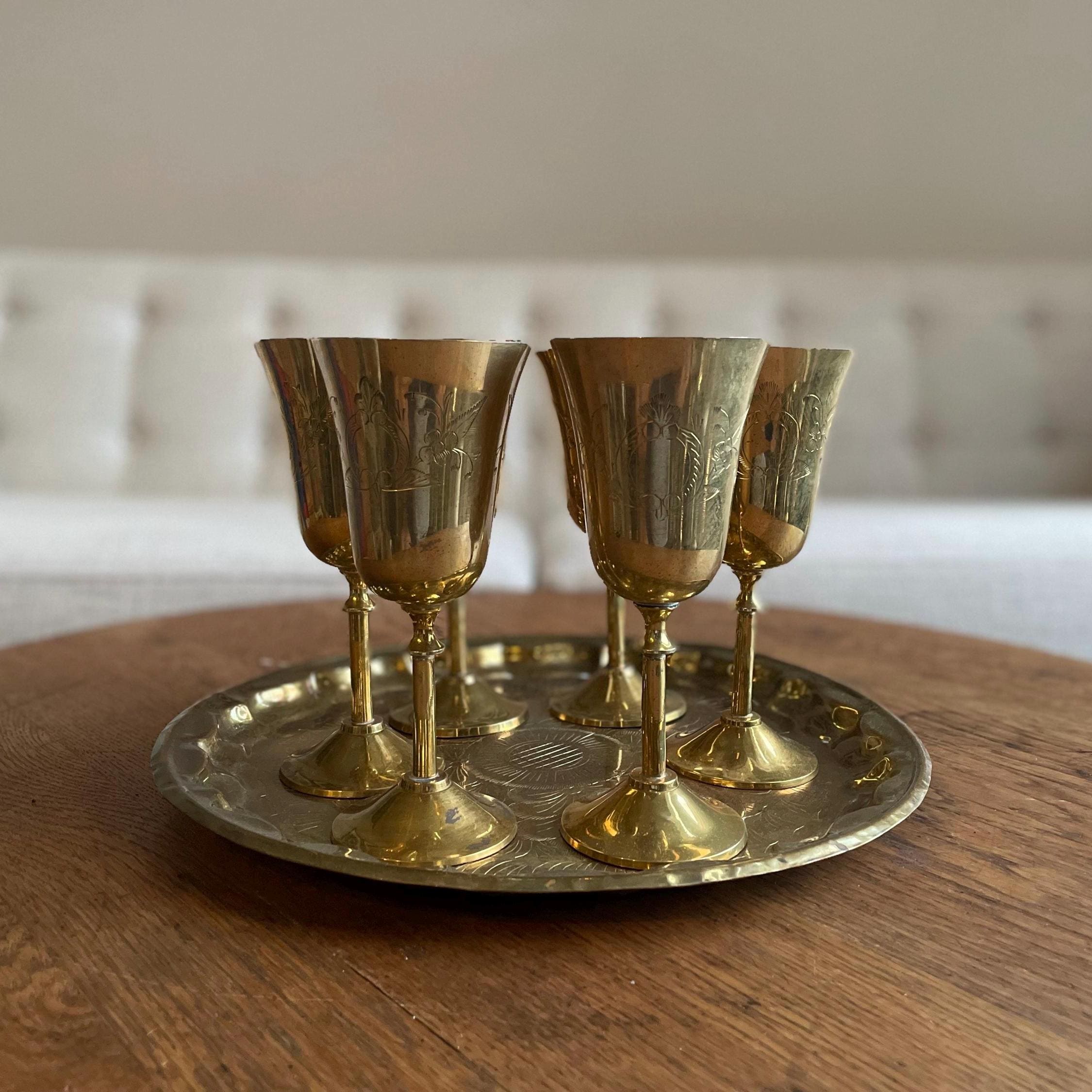 Vintage Brass Wine Gobelts and Tray | Set of 6 Brass Wine Goblets and Tray  | Vintage Etched Brass | Etched Brass Wine Goblets | Wine Glass - Etsy