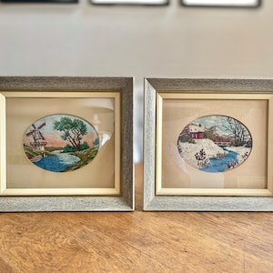 Conjunto vintage de 2 obras de arte enmarcadas en bordado / Arte de bordado / Bordado vintage / Arte de bordado con paisaje / Arte enmarcado / Paisaje de verano
