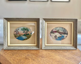 Vintage 2er-Set gerahmte Nadelspitze Kunst | Gobelin Kunst | Vintage Sticknadel | Landschaft Nadelspitzen Kunst| Gerahmte Kunst | Sommerliche Landschaft