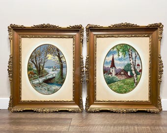 Vintage Nadelmalerei - Landschaftsszene unter Glas in kunstvollem Holzrahmen | Gobelin Kunst | MCM Fibre Kunst