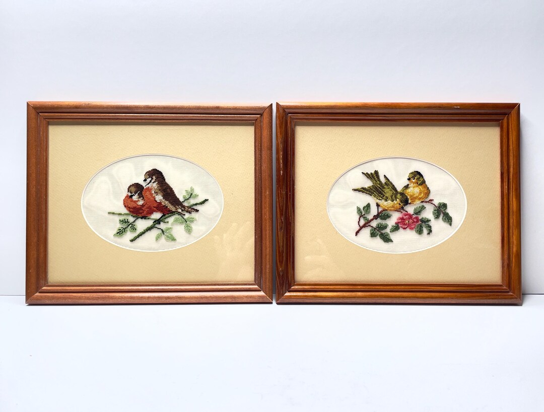 Vintage Bird Petit Point Art | Vintage Framed Needlepoint Art | Bird ...