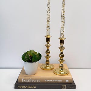 Peut inclure: Deux bougeoirs dorés avec des bougies transparentes contenant des paillettes dorées. Les bougies sont posées sur deux livres, l'un intitulé "PostSecret" et l'autre "VERSAILLES". Un petit succulent en pot se trouve devant les bougies.