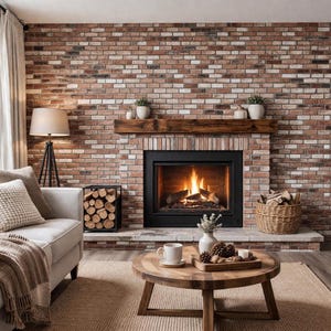 May include: A living room featuring a red brick wall with a central fireplace containing a burning fire. A dark wood mantel sits above the fireplace, topped with small potted plants. A round wooden coffee table holds a white mug and a wooden tray.