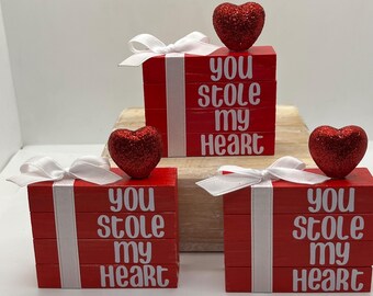 Valentine's Mini Wood Book Stack: Red Glitter Heart, Tiered Tray Decor