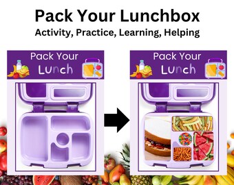 May include: Purple lunchbox with a variety of compartments. The lunchbox is open and filled with a sandwich, pretzels, candy, and watermelon slices. The text "Pack Your Lunch" is on the top of the lunchbox.
