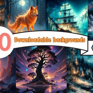 Puede incluir: Un collage de 50 fondos descargables que presentan diversas escenas de fantasía y naturaleza. Las imágenes incluyen una luna brillante, un lobo en un bosque, un barco navegando en un mar tormentoso, una cascada, un árbol con luces brillantes y un planeta con un anillo.
