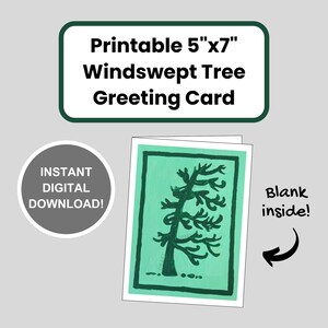 Carte de voeux imprimable 5 x 7 silhouette d'arbre balayé par le vent, arbres balayés par le vent, carte numérique, carte d'arbre, carte de remerciement, carte commémorative, nature